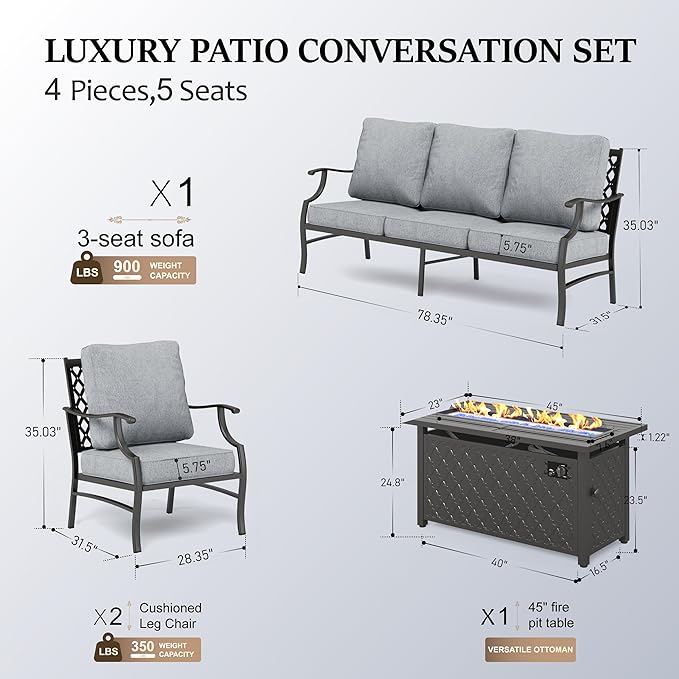 HERA'S HOUSE 4 Pieces Patio Fire Pit Furniture Set, 2 x Single Chair, 3-Seat Sofa with 45" Fire Pit Table, Outdoor Conversation Set for Garden Poolside Backyard, Grey