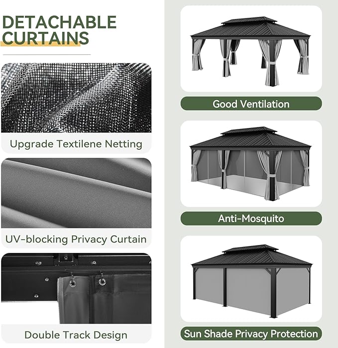 Aoxun Hardtop Gazebo 12x20 with Gutter, Upgraded Wider Aluminum Outdoor Gazebo with Galvanized Steel Double Roof, Patio Permanent Metal Pavilion with Netting and Privacy Curtain