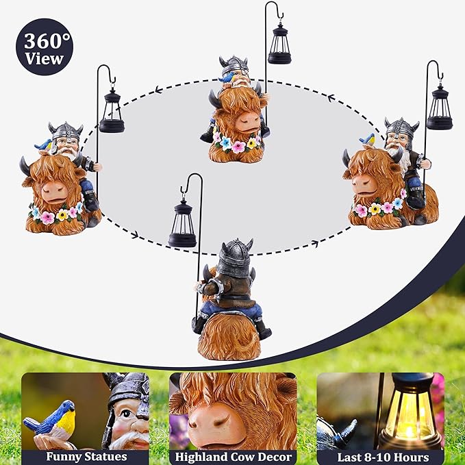 Garden Gnome Outdoor Statue 12 Inch Highland Cow Gnomes Decorations for Yard Patio Lawn Porch Birthday for Women, Mother’s Day, Housewarming with Solar Light Funny Decor for Outside