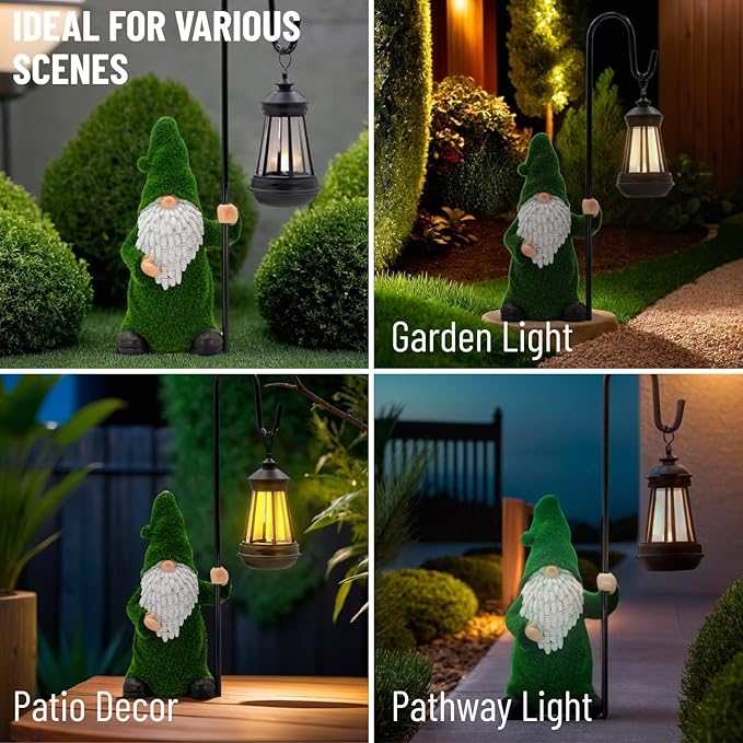 Garden Gnome with Solar Lantern, Grass-Like Flocked Hat, Outdoor Garden Figurine Lights, Unique Gift for Women, Mom, Friends (Green Flocked Gnome)