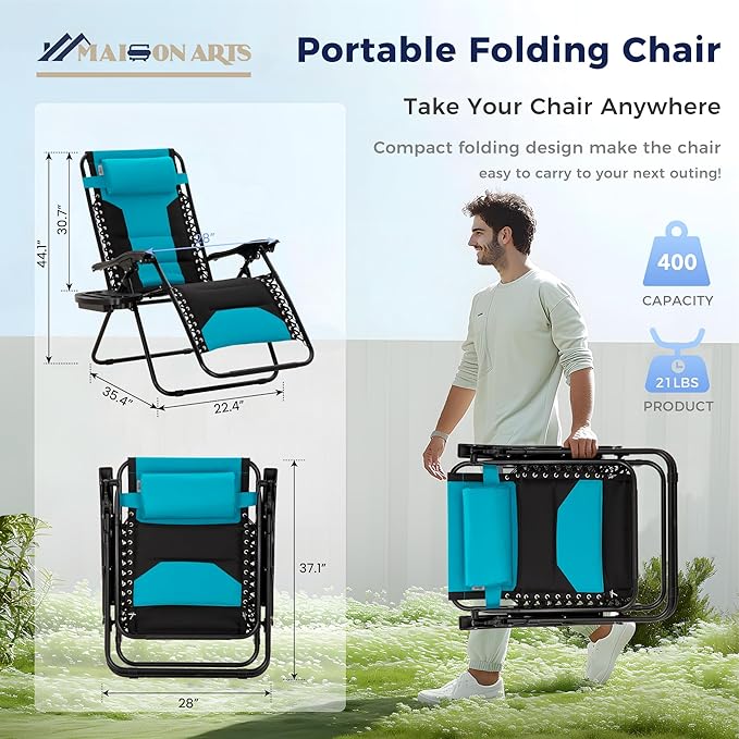 MAISON ARTS Oversized Padded Zero Gravity Chairs Set of 2, Folding Patio Lounge Chair, 28" Wide Seat Anti Gravity Recliners for Outdoor Lawn Camping Poolside Yard, Support 400lbs, Aqua