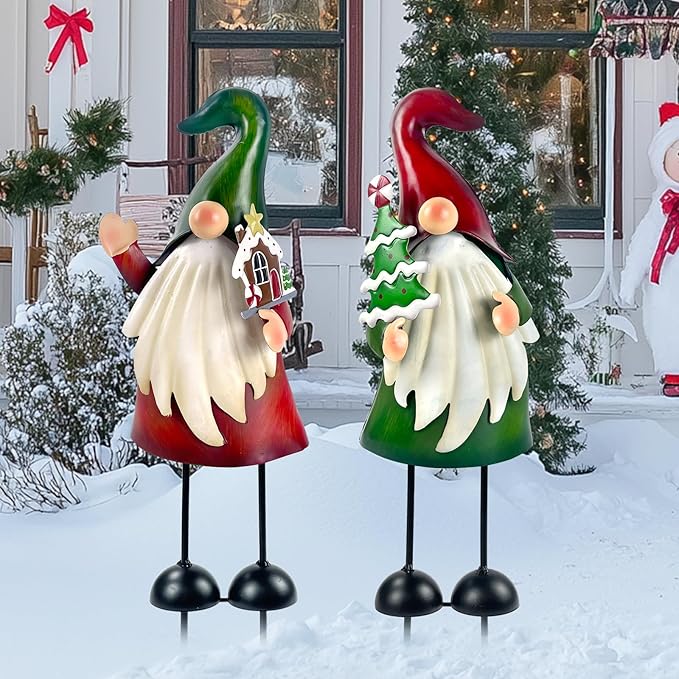 HONGLAND Outdoor Christmas Decorations, 2 PCS Metal Gnome Yard Art Christmas Gnomes 18 Inch Gnome Xmas Decorations for Outside Holiday Lawn Patio Yard Garden Decor