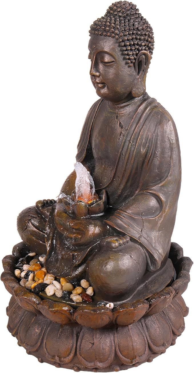 Alpine Corporation GEM122 Outdoor Floor Meditating Soothing Buddha Statue Waterfall Fountain for Garden, 33", Bronze