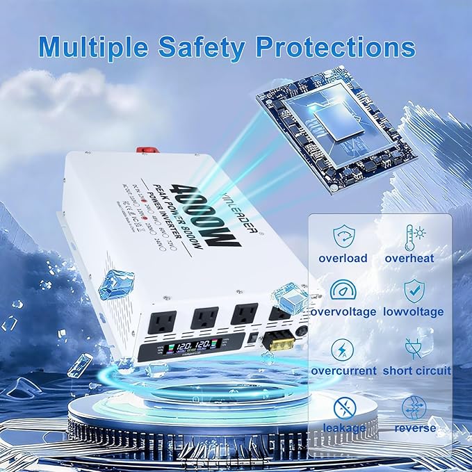 4000W Power Inverter 12V DC to 110V 120V AC (Peak 8000W) for RV, Truck, Off-Grid, Solar, Home & Vehicles | 4 AC Outlets, 3.1A USB Port | LCD Display, Remote Controller (16.5Ft Cable) & Hardwire Kit