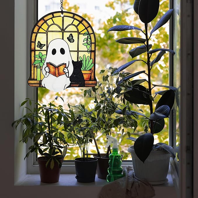 Ghost Black Cat Suncatcher, Ghost Reading Book Halloween Decor