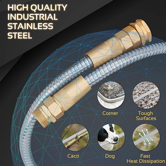 Garden Hose Metal - 25ft Heavy Duty Stainless Steel Water Hose with 8 Function Sprayer & Metal Fittings, Flexible, Lightweight, No Kink, Puncture Proof Hose for Yard, Outdoors, Rv