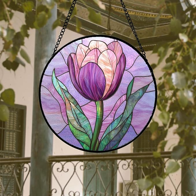 Stained Glass Window Hanging 4 Pcs Set Purple Flower Theme Large 11.8" - Tulip Suncatcher Door Garden Sun Catcher Decor Birthday Christmas for Plant Lovers Woman Nana Men