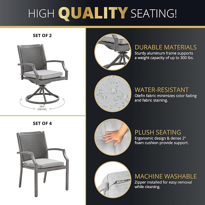 Outdoor Patio Furniture Set With Propane Fire Pit 50,000 Btu 7 Pieces 76" Dining Table Rattan Swivel Chairs Include Cushions Lid And Weather Cover Csa Certified for Garden Backyard Conversations Grey