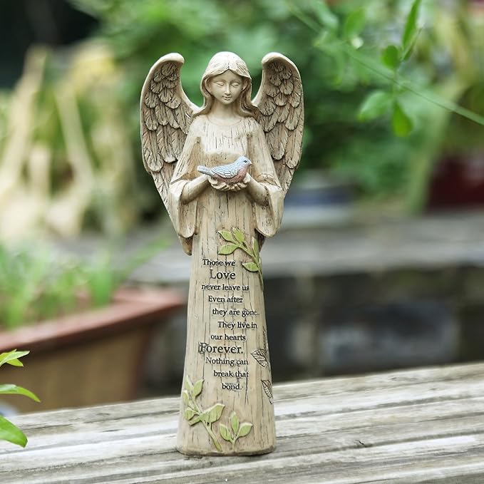 DUSVALLY Angel Statue, Garden Angel Figurines, Outdoor Sculptures and Statues, Praying Angel Resin, Statuary Garden Yard Décor Angel Collectible Sculptures, 10" H, Bird