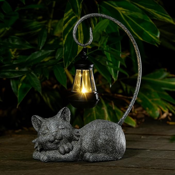 Outdoor Cat Figurine Garden Statue with Solar-Powered LED Light 13.77 Inches Tall Gift Garden Statue Decor for Cat Lovers Marbled