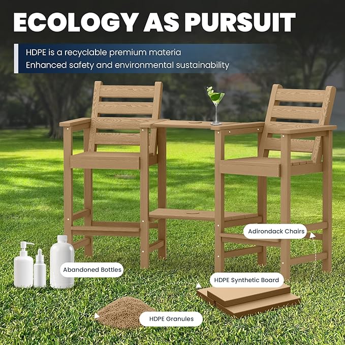 Tall Adirondack Chairs Set of 2, All Weather HDPE Poly Bar Height Balcony Adirondack Chair with Removable Double Connecting Trays, Outdoor Adirondack Barstools for Deck, Patio, Yard, Pool, Lawn