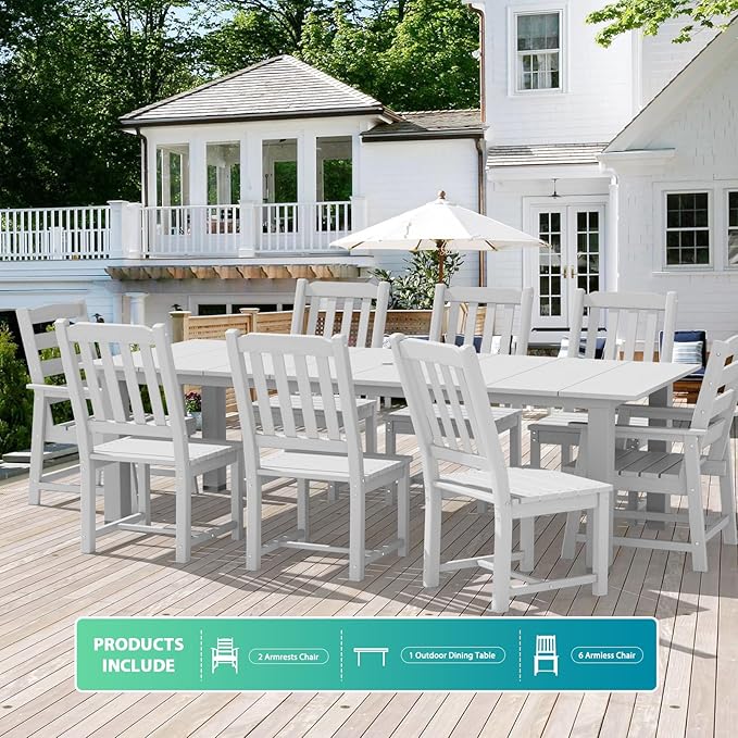 LOUNZY 9 Pieces Patio Dining Sets, Outdoor HDPE Furniture Set for 8 w/ 2" Hole Cut-Out Dining Table 75.2in with 8 Patio Chairs(2 W/Armrest, 6 w/o Armrest), White