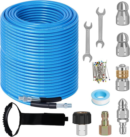 200 FT Sewer Jetter Kit for Pressure Washer, 5800PSI Water Jet Drain Cleaner Hose, 1/4 Inch NPT Corner with 4 Sewer Jetting Nozzles, Pearl Corsage Pin, Waterproof Tape, Handle Strap&2 Spanner (Blue)