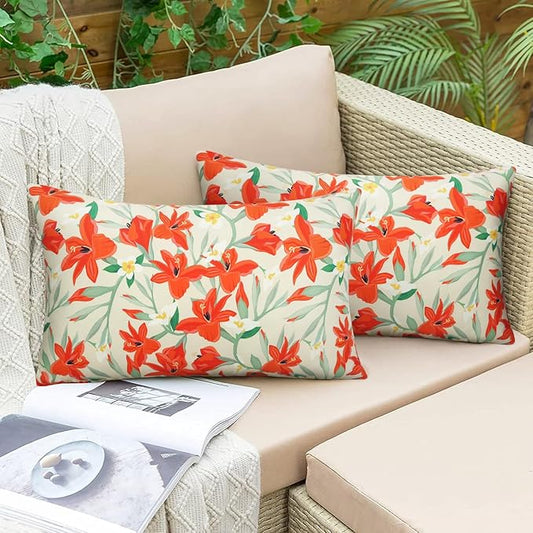 Pyonic Outdoor Pillows Cover Pack of 2 Floral Waterproof Throw Pillow Covers 12X20 inch Outdoor Lumbar Pillows for Patio Furniture Garden Outside Waterproof Pillow