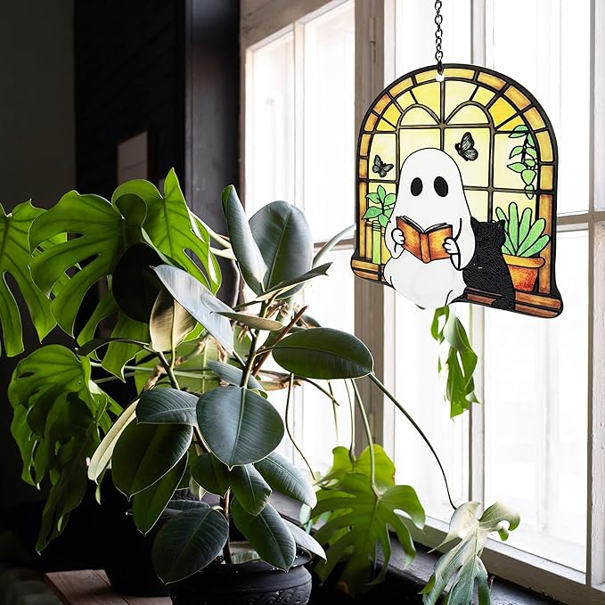 Ghost Black Cat Suncatcher, Ghost Reading Book Halloween Decor