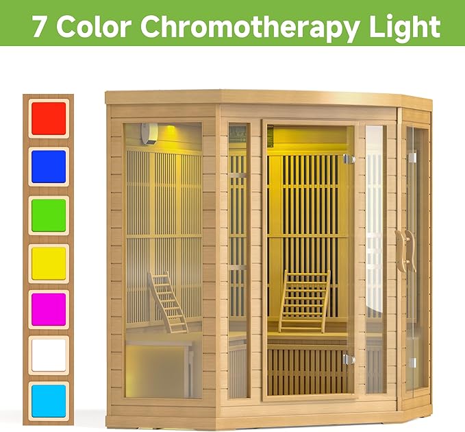 Infrared Sauna Room for Home, 4 Person Indoor Home Sauna Spa, Far Infrared Canadian Wooden Corner Saunas with 10 Low Emf Heaters, Bluetooth Speakers, 7 Color Chromotherapy Lights