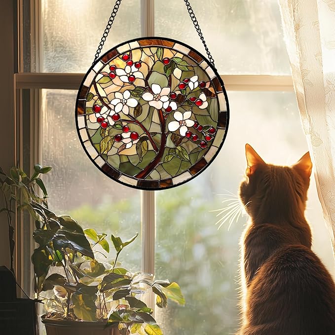 CRIS GIF Stained Glass Window Hanging - Hawthorn Tree Birth Flowers Suncatcher for Doors Garden Patio Sun Catchers Decor Christmas Mother's Day Birthday Gifts for Women Men Mom Nana Friend 6.3 in