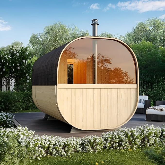 ZONEMEL Customize Outdoor Steam Square Sauna for 4-8 Person, Canadian Pine/Hemlock/Cedar, Porch Option, Window Selection, Wood Burning Stove (0-195 °F)