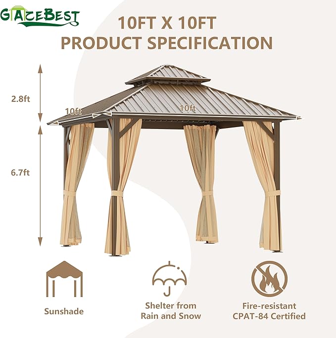 10x10 ft Hardtop Gazebo Outdoor Aluminum Patio Gazebo Double Roof Galvanized Steel Canopy with Netting and Curtains for Garden, Backyard,Deck and Lawns