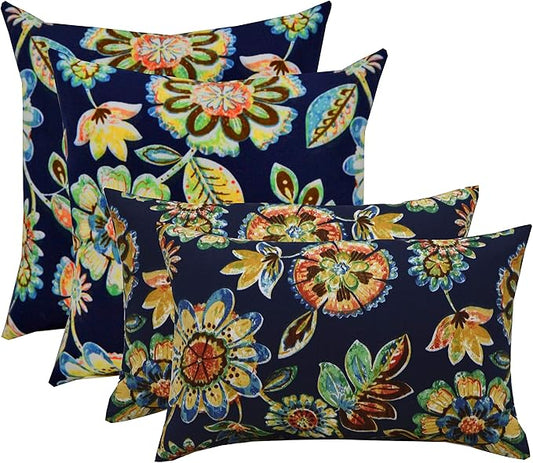 RSH DECOR: Lumbar & Square Throw Pillows Set of 4 | 20" x 12" & 17" x 17" | All-Weather Spun Fabric | Water and Fade-Resistant | Outdoor Accent Pillows for Patio Furniture | Daelyn Navy