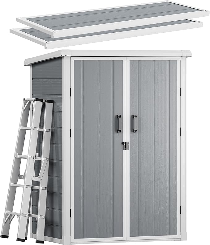 DWVO 60 Cuft Outdoor Tall Storage Shed with 2 Shelves, Weatherproof Vertical Tool Shed with Floor & Lockable Doors, Sturdy Double-Wall Plastic Cabinet for Garbage Cans and Garden Equipment (Gray)