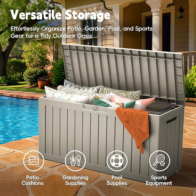 Outdoor Storage Box, 72 Gallon Deck Box Waterproof, Resin Patio Storage Bin for Package Delivery, Patio Furniture Cushion, Garden Tools, Pool Accessories, Weatherproof, Grey