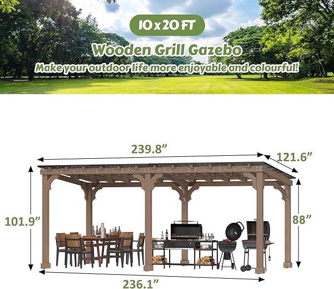 10 x 20 FT Wooden Grill Gazebo with Sloping Metal Roof, BBQ Gazebo with 5.5" Width Wood Posts & Rainwater Drainage for Barbecue, Garden, Backyard, Light Mocha Brown