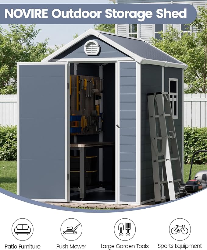 6x4.5 FT Plastic Sheds & Outdoor Storage, UV Resistant Storage Sheds Outdoor with Floor and Window, All-Weather Garden Resin Tool Shed for Lawn Mower, Yard Tools, Bike, Dark Gray