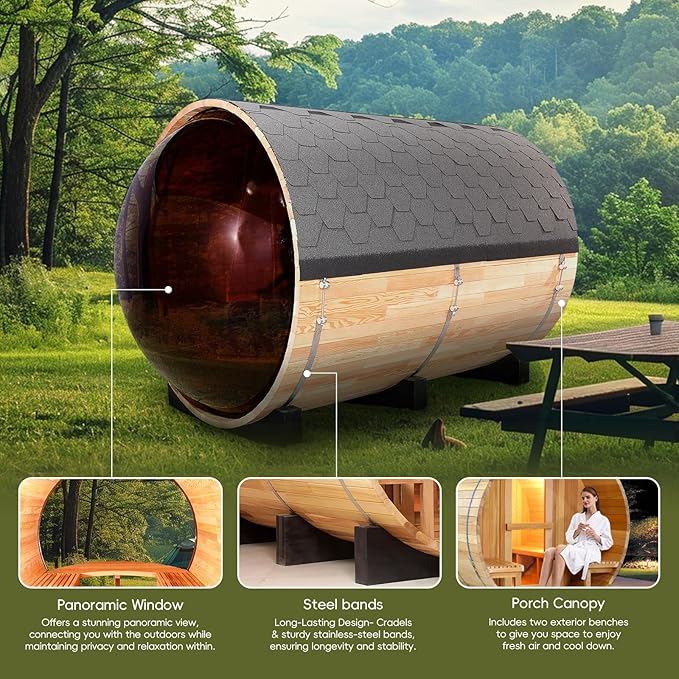 ZONEMEL Outdoor Barrel Steam Sauna with Panoramic View, Canadian Red Cedar Wood Sauna for 3-4 Person with Porch, 6KW Heater, Rocks, 8mm Tempered Glass, Waterproof System