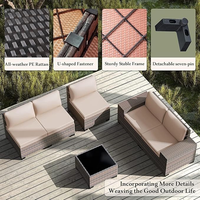 Outdoor Patio Furniture Set with Propane Fire Pit Table, 7 PCS Outdoor Furniture Patio Sectional Sofas Conversation Sets w/ETL Approved 43" Gas Outdoor Fire Table & Coffee Table Brown.