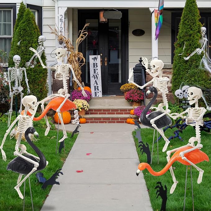 Geelin 12 Pcs Halloween Skeletons Flamingo Yard Decorations Skeleton Black Orange Buzzards Stakes for Halloween Lawn Garden Outdoor Party Decorations