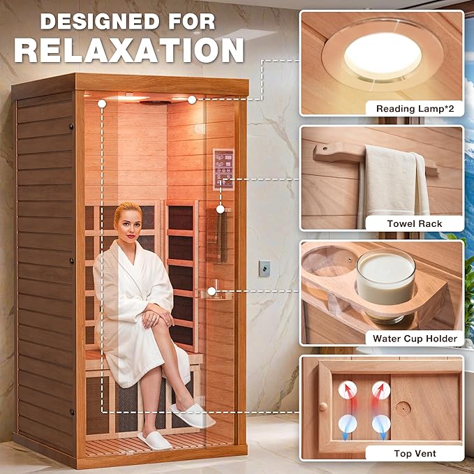 1- Person Infrared Sauna, Remotely Controllable Indoor Sauna, Low EMF 1200W/120V LCD Heater, WiFi & BT Control, 9-Color Light Therapy, Safe Flame-Retardant Material, Wood