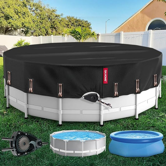 QH.HOME 24/26 Ft Round Pool Cover with Fast Tightening Patented Ratchet, Pool Covers for Above Ground Pools, One-Piece Tear Resistant Swimming Pool Cover Protector with Upgraded Ultimate Windproof