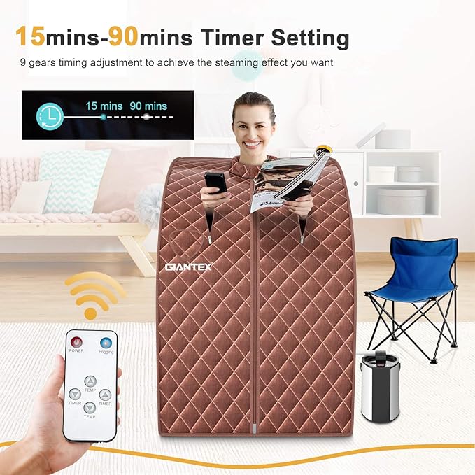 Giantex Portable Steam Sauna, Personal Therapeutic Sauna for Detox, Temperature & Timer Adjustable, 800W Sauna Box Spa w/Chair, 3L Steamer,Massage Roller,Mat,Remote Control, Home Sauna Tent (Coffee)