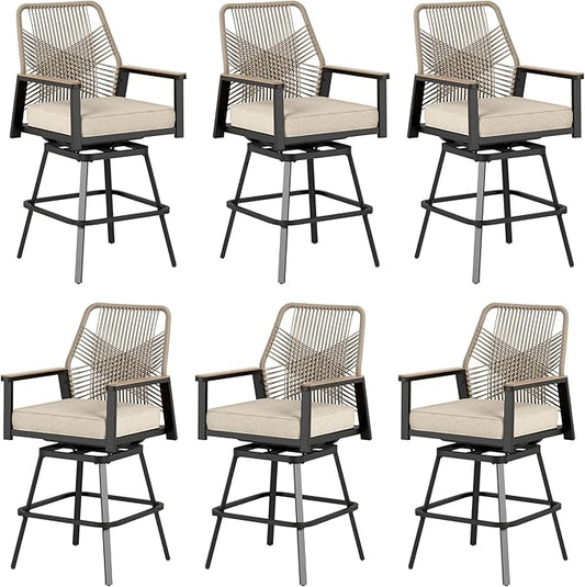 Outdoor Swivel Bar Stools Set of 6, Rattan High Top Patio Chairs with Waterproof Cushion and Armrest, All-Weather Bar Height Furniture for Outside Patio Balcony and Pool, Beige