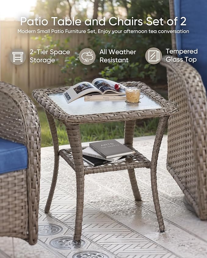 HUMMUH Wicker Patio Furniture Set-All Weather Rattan Patio Sofa Set with Swivel Rocker Chairs Outdoor Conversation Set for Deck Lawn Porch Balcony Poolside-Grey/Blue