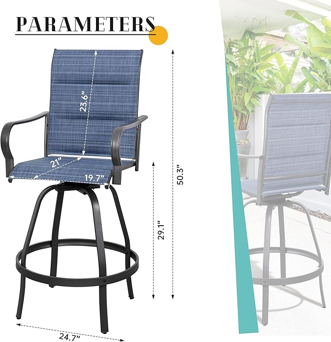 Vongrasig 6 Piece Outdoor Patio Swivel Bar Chairs, All Weather Padded Sling Textile High Top Bar Stools, Bistro Set for Backyard, Lawn Garden, Balcony, Padded Blue
