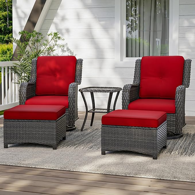 5 Piece Outdoor Patio Furniture Set Wicker Conversation Set Swivel Rocking Chairs with Side Table and Ottomans for Backyard, Porch, Deck, Red