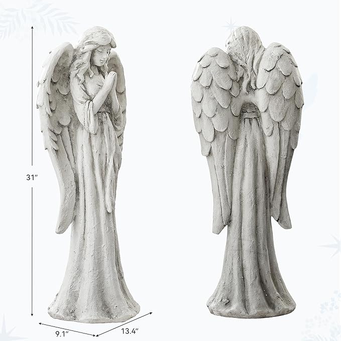 Praying Angel Statue for Outdoor Garden, 31 Inch Large Heavenly Memorial Sculpture,Durable Magnesium Oxide Stone for Yard, Patio or Cemetery Decor,Offering Comfort & Peace, Antique White