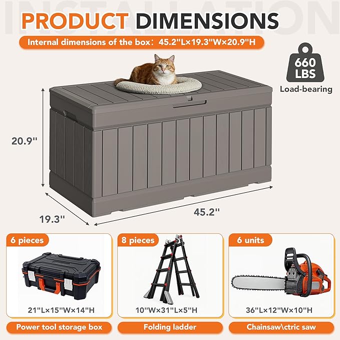 78 Gallon Deck Box Outdoor Indoor Waterproof Storage Box for Patio Furniture, Pool Accessories, Garden Tools, and Cushion Storage, Coffee