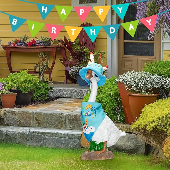 2 Set Porch Goose Outfits Hawaiian Summer Costume with Straw Hat and Glasses and Happy Birthday Outfit with Cake Hat and Bandana for 23" 17" Cement Plastic Goose Duck Lawn Decorations