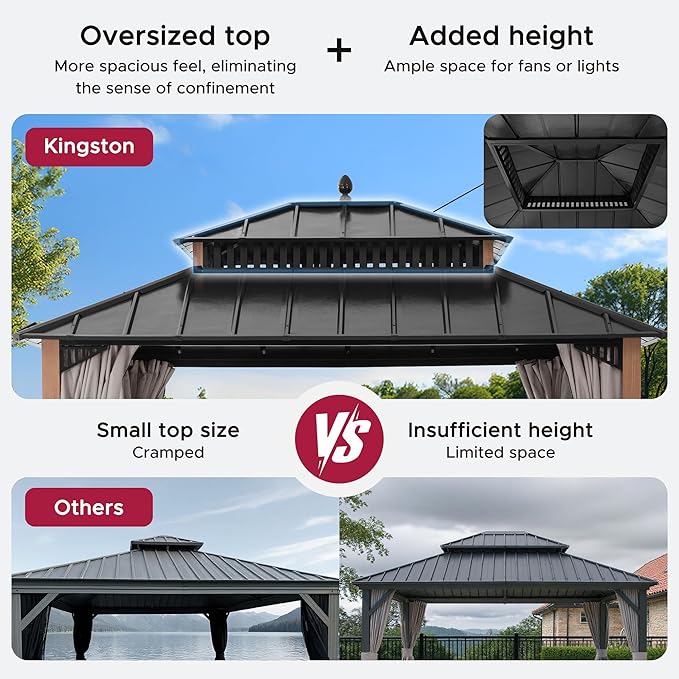 SUNJOY Kingston 12' x 10' Hardtop Gazebo with Galvanized Steel Double Roof, Curtain and Netting, Woodgrain Finish Aluminum Posts Permanent Pavilion Gazebo for Garden, Patio, Deck, Lawn