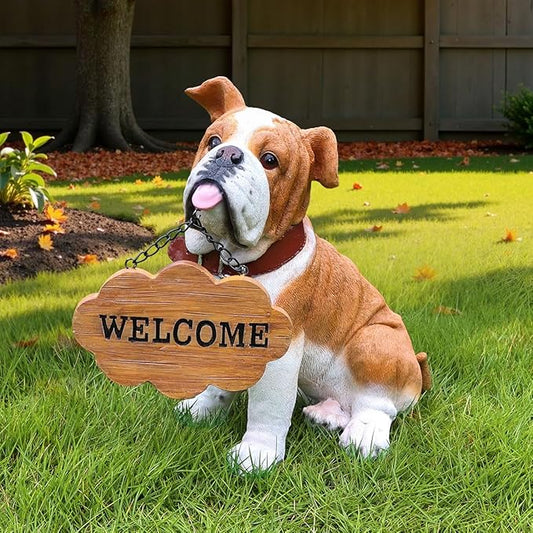 English Bulldog Statue Outdoor Decorations – Outdoor Dog Statue Fawn English Bulldog with Replaceable Solar Light & Welcome Sign for Porch Décor