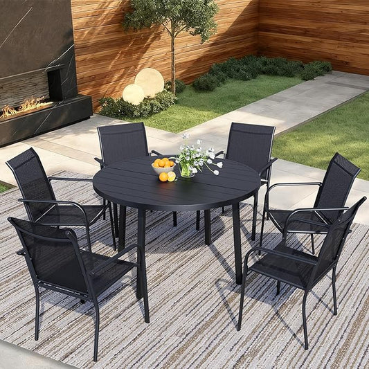 7 Pieces Round Dining Table Set for 6, Patio Dining Set Includes 6 Black Stackable Patio Chairs and 1 Black Round Table Set of 6, Patio Furniture Sets with Sling Support for Outside, Garden