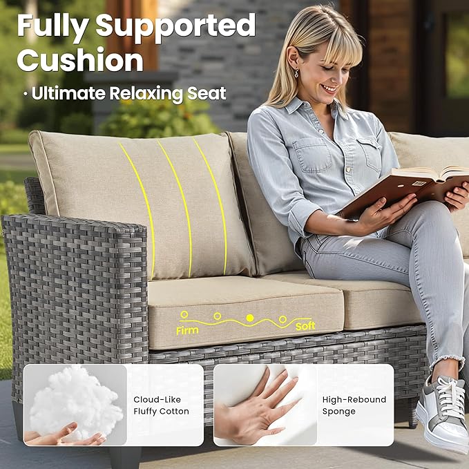 ovios 4 Pieces Patio Furniture Set Outdoor Sofa Couch with Solar Lights Table Comfy Cushions, Modern Deep Seat Wicker Rattan Conversation Set for Porch Deck, Beige