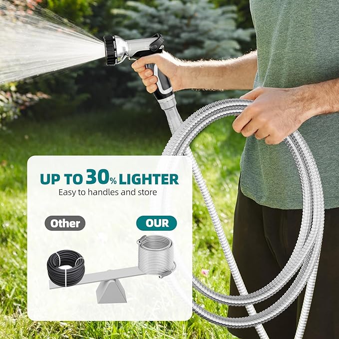 SPECILITE Stainless Steel Garden Water Hose 50 ft with Swivel Handle, Lightweight & Flexible Pipe with Heavy Duty Nozzle for Yard, Outdoor, Lawn