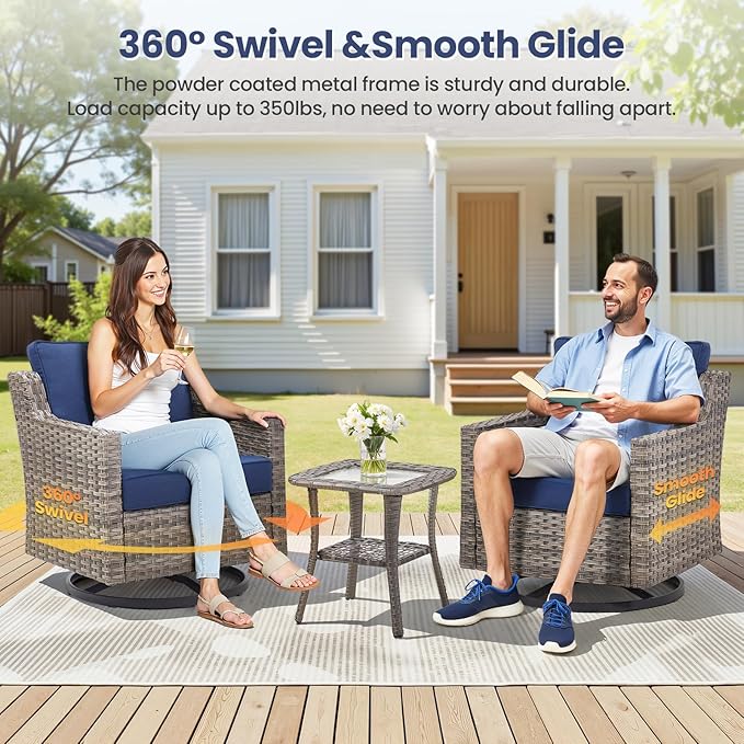 Patio Furniture Set, 6 Pieces Outdoor Wicker Rattan Sofa Couch with Swivel Rocking Chair, Side Table, Ottoman and Comfy Cushions, All Weather Patio Conversation Sets, Suit for Porch