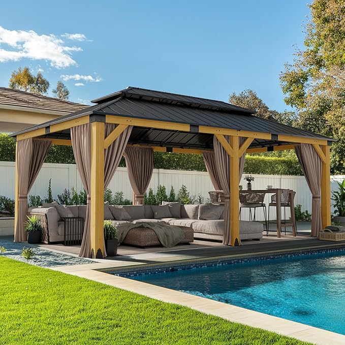 CHARMELEON 12'x20' Cedar Wood Gazebo,Wooden Hardtop Gazebos with Dual Metal Roof - Permanent Outdoor Gazebo - Large All Weather Patio Pavilion for Backyard, Deck & Garden - with Curtains & Netting