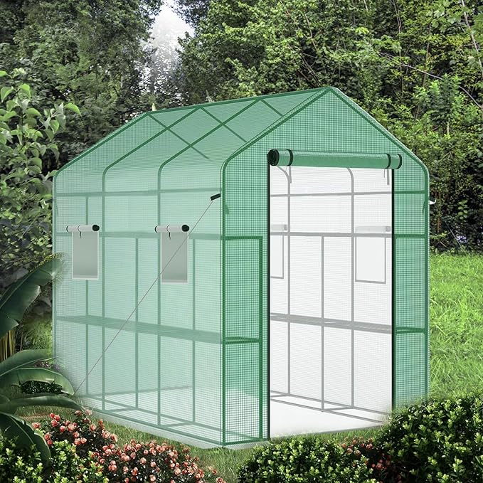 Greenhouse, 57 x 85 x 77'' Greenhouses for Outdoors, with Mesh Side Windows, PE Cover, 8 Shelves, Heavy Duty Walk in Green House for Backyard Garden Indoor, White& Green Outside