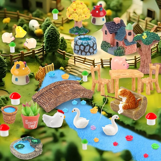 50 Pcs Fairy Garden Miniatures Accessories Bridge House Landscape Water Well Animal Fence Tree Sand Chair Table Pond Mushroom Lawn Ornament for DIY Craft Mini Garden Scenery Succulent Decor